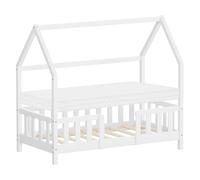 ML-Design Letto a Casetta per Bambini 70x140 cm con Materasso e Protezione Anticaduta, Tetto e Rete a Doghe, Bianco, Lettino a Terra Montessori in Legno Massello di Pino, Struttura per Cameretta