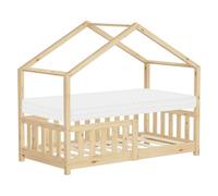 ML-Design Letto a Casetta per Bambini 70x140 cm Naturale in Legno Massello di Pino con Materasso Sponda di Sicurezza e Tetto, Lettino Montessori Basso a Terra per Bambine, Arredamento Cameretta