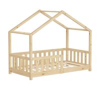 ML-Design Letto a Casetta per Bambini 70x140 cm Naturale in Legno Massello di Pino con Sponda di Sicurezza Rete a Doghe e Tetto, Lettino Montessori Basso da Terra per Bambine, Arredamento Cameretta