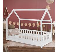 ML-Design Letto a Casetta per Bambini 80 x 160 cm Bianco, in Legno Massello, Struttura con Protezione Anticaduta, Tetto e Rete a Doghe, Lettino a Terra Montessori a Forma di Casa per Cameretta