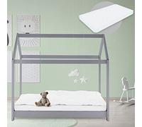ML-Design Letto a Casetta per Bambini 80 x 160 cm Grigio Chiaro, in Legno di Pino, Forma di Casa con Tetto e Rete a Doghe, Lettino a Terra Montessori con Materasso in Schiuma Fredda per Cameretta