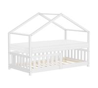 ML-Design Letto a Casetta per Bambini 80x160 cm Bianco in Legno Massello di Pino con Materasso Sponda di Sicurezza e Tetto, Lettino Montessori Basso a Terra per Bambine, Arredamento Cameretta