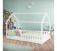 ML-Design Letto a Casetta per Bambini 90 x 200 cm Bianco, in Legno di Pino, Struttura con Protezione Anticaduta, Tetto e Rete a Doghe, Lettino a Terra Montessori a Forma di Casa per Cameretta