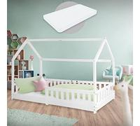 ML-Design Letto a Casetta per Bambini 90 x 200 cm Bianco, in Legno di Pino, Struttura con Protezione Anticaduta, Lettino a Terra Montessori con Materasso da 16 cm in Schiuma Fredda per Cameretta