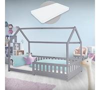 ML-Design Letto a Casetta per Bambini 90 x 200 cm Grigio, in Legno di Pino, Struttura con Protezione Anticaduta, Lettino a Terra Montessori con Materasso da 16 cm in Schiuma Fredda per Cameretta