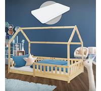 ML-Design Letto a Casetta per Bambini 90 x 200 cm Naturale, in Legno di Pino, Struttura con Protezione Anticaduta, Lettino a Terra Montessori con Materasso da 16 cm in Schiuma Fredda per Cameretta