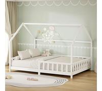 ML-Design Letto a Casetta per Bambini e Ragazzi 140x200 cm, Bianco, con Protezione Anticaduta, Tetto e Rete a Doghe, Struttura Montessori in Legno Massello di Pino, Letto a Terra per Adolescenti