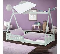 ML-Design Letto a Forma di Casetta per Bambini Tipi 90x200 cm Protezione Anticaduta Tenda Indiano Legno di Pino Massiccio Lettino con Materasso da 16 cm Schiuma Fredda Giovani da Gioco Verde Menta