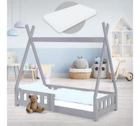 ML-Design Letto a Terra per Bambini Design Tepee 70 x 140 cm Grigio, in Legno di Pino Massiccio, con Sponde Protezione Anticaduta e Materasso Sfoderabile in Schiuma Fredda, Giroletto Montessori