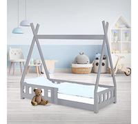 ML-Design Letto a Terra per Bambini Design Tepee 70 x 140 cm Grigio, Struttura in Legno di Pino Massiccio, con Sponde Protezione Anticaduta, Lettino Tenda Indiana, Giroletto Montessori per Cameretta