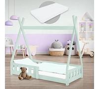 ML-Design Letto a Terra per Bambini Design Tepee 70 x 140 cm Verde Menta, in Legno di Pino Massiccio, con Sponde Protezione Anticaduta e Materasso Sfoderabile in Schiuma Fredda, Giroletto Montessori