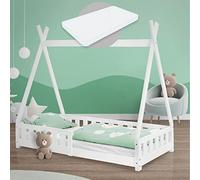 ML-Design Letto a Terra per Bambini Design Tipi 80 x 160 cm Bianco, in Legno di Pino Massiccio, con Sponde Protezione Anticaduta e Materasso Sfoderabile in Schiuma Fredda, Giroletto Montessori