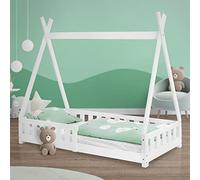ML-Design Letto a Terra per Bambini Design Tipi 80 x 160 cm Bianco, Struttura in Legno di Pino Massiccio, con Sponde Protezione Anticaduta, Lettino Tenda Indiana, Giroletto Montessori per Ragazzi