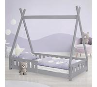 ML-Design Letto a Terra per Bambini Design Tipi 80 x 160 cm Grigio, Struttura in Legno di Pino Massiccio, con Sponde Protezione Anticaduta, Lettino Tenda Indiana, Giroletto Montessori per Ragazzi