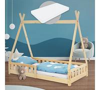 ML-Design Letto a Terra per Bambini Design Tipi 80 x 160 cm Naturale, in Legno di Pino Massiccio, con Sponde Protezione Anticaduta e Materasso Sfoderabile in Schiuma Fredda, Giroletto Montessori