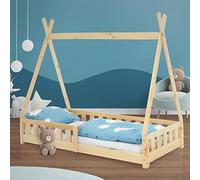ML-Design Letto a Terra per Bambini Design Tipi 80 x 160 cm Naturale, Struttura in Legno di Pino Massiccio, con Sponde Protezione Anticaduta, Lettino Tenda Indiana, Giroletto Montessori per Ragazzi