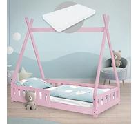 ML-Design Letto a Terra per Bambini Design Tipi 80 x 160 cm Rosa, in Legno di Pino Massiccio, con Sponde Protezione Anticaduta e Materasso Sfoderabile in Schiuma Fredda, Giroletto Montessori