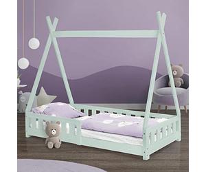 ML-Design Letto a Terra per Bambini Design Tipi 80 x 160 cm Verde Menta, Struttura in Legno di Pino Massiccio, con Sponde Protezione Anticaduta, Lettino Tenda Indiana, Giroletto Montessori per Ragazzi