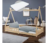 ML-Design Letto a Terra per Bambini Design Tipi 90 x 200 cm Naturale, in Legno di Pino Massiccio, con Sponde Protezione Anticaduta e Materasso da 10 cm in Schiuma Fredda, Giroletto Montessori