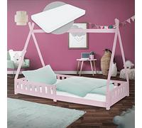 ML-Design Letto a Terra per Bambini Design Tipi 90 x 200 cm Rosa, in Legno di Pino Massiccio, con Sponde Protezione Anticaduta e Materasso 10 cm in Schiuma Fredda, Giroletto Montessori per Ragazzi