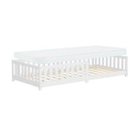 ML-Design Letto Basso per Bambini e Bambine 90x200 cm, Bianco, in Legno di Pino Massiccio, con Materasso A:10 cm e Protezione Anticaduta, Giroletto Giovanile, Lettino Montessori per Ragazzi