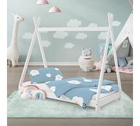 ML-Design Letto Montessori Tipi per Bambini 70 x 140 cm Bianco, in Legno di Pino Massiccio, con Rete a Doghe, Lettino a Terra a Forma di Tenda Indiana, Giroletto a Capanna per Cameretta