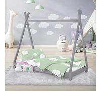 ML-Design Letto Montessori Tipi per Bambini 70 x 140 cm Grigio Chiaro, in Legno di Pino Massiccio, con Rete a Doghe, Lettino Basso a Forma di Tenda Indiana, Giroletto a Capanna per Cameretta