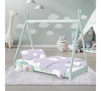 ML-Design Letto Montessori Tipi per Bambini 70 x 140 cm Verde Menta, in Legno di Pino Massiccio, con Rete a Doghe, Lettino Basso a Forma di Tenda Indiana, Giroletto a Capanna per Cameretta