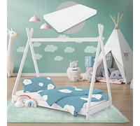 ML-Design Letto Montessori Tipi per Bambini 80 x 160 cm Bianco, in Legno di Pino Massiccio, con Rete a Doghe e Materasso Sfoderabile in Schiuma Fredda, Lettino Basso a Forma di Tenda Indiana