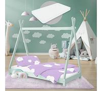 ML-Design Letto Montessori Tipi per Bambini 80 x 160 cm Verde Menta, in Legno di Pino Massiccio, con Rete a Doghe e Materasso Sfoderabile in Schiuma Fredda, Lettino Basso a Forma di Tenda Indiana