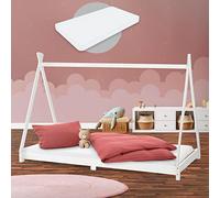 ML-Design Letto Montessori Tipi per Bambini 90 x 200 cm Bianco, in Legno di Pino Massiccio, con Rete a Doghe e Materasso da 16 cm in Schiuma Fredda, Lettino Basso a Tenda Indiana per Cameretta