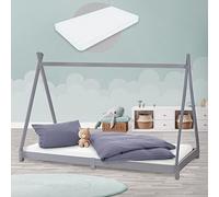 ML-Design Letto Montessori Tipi per Bambini 90 x 200 cm Grigio Chiaro, in Legno di Pino Massiccio, con Rete a Doghe e Materasso da 10 cm in Schiuma Fredda, Lettino Basso a Tenda Indiana per Cameretta