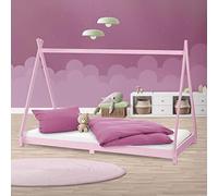 ML-Design Letto Montessori Tipi per Bambini 90 x 200 cm Rosa, in Legno di Pino Massiccio, con Rete a Doghe, Lettino Basso a Forma di Tenda Indiana, Giroletto Singolo a Capanna per Cameretta