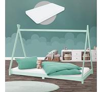 ML-Design Letto Montessori Tipi per Bambini 90 x 200 cm Verde Menta, in Legno di Pino Massiccio, con Rete a Doghe e Materasso da 10 cm in Schiuma Fredda, Lettino Basso a Tenda Indiana per Cameretta