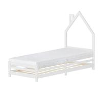 ML-Design Letto per Bambini 90x200 cm in Legno di Pino Bianco con Testiera a Forma di Casetta, Materasso 16 cm e Rete a Doghe, Letto Singolo Basso Montessori, Struttura Lettino per Bambini