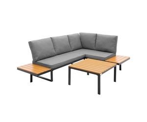 ML-Design Set Mobili da Giardino Grigio Effetto Legno 3 Pezzi con Tavolino e Cuscini, Divano Angolare per Terrazza e Balcone, Sedute Combinabili Resistenti alle Intemperie, Arredo Lounge Esterno