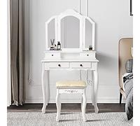 ML-Design Tavolo Cosmetico da Trucco Toletta Bianca con Sgabello Confortevole in Ecopelle 3 Specchi Pieghevoli e 4 Cassetti 75 x 140 x 40 cm Tavolino Make-up per Signore e Ragazze in Legno MDF