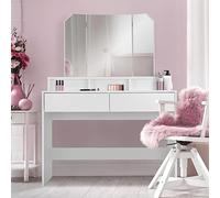 ML-Design Toeletta Tavolo Postazione da Trucco con Specchio Pieghevole a 3 Pezzi e 2 Cassetti 100 x 40 x 140 cm Bianco Design Moderno con 3 Scomparti Aperti Portaoggetti Specchiera per Cosmetici