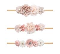 mligril Set di 3 fasce per capelli floreali per neonata, con coroncina di fiori, accessori per capelli, beige e rosa, 1 pezzo (confezione da 3)