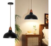 Mlihove Moderne Lampada a Sospensione per Cucina Sala da Pranzo Camera da Letto - 24CM industriali Lampada a Soffitto in legno E27 Illuminazione - Metallo Vintage LED Semicerchio Plafoniera (Nero)