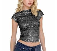 MLKLDOU Canottiera da donna con paillettes glitterate e maniche scoperte, canottiera corta e alla moda slim per donne e ragazze, Nero, M