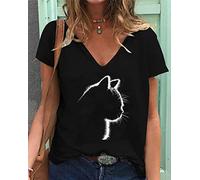 MLLM Femmes T-Shirts À Manches Courtes,V-Neck Cat Shadow Print T-Shirt Femme Haut décontracté à Manches Courtes Oversize,Black,S