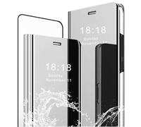 MLOTECH Cover Huawei Mate 20, Custodia + Vetro temperato Flip Traslucido Clear View Specchio Standing Cover Anti Shock Placcatura Smart Cover Protezione Argento