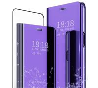 MLOTECH Cover per Samsung A21s,custodia + vetro temperato pellicola protettiva Flip Clear View Traslucido Specchio Cover Standing 360°Cover Antiurto Smart Cover Bumper Blu Viola