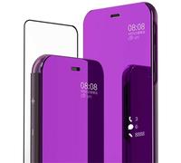 MLOTECH Cover per Samsung A71,custodia + vetro temperato pellicola protettiva Flip Clear View Traslucido Specchio Cover Standing 360°Cover Antiurto Smart Cover Bumper Viola