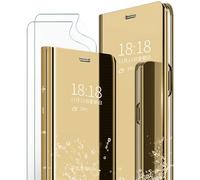 MLOTECH Smart Cover per Huawei P30 PRO Custodia + [2 Pezzi] Proteggi Schermo Flip Traslucido Clear View Specchio Standing Cover Anti Shock Placcatura Cover d'oro
