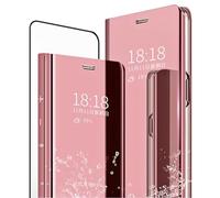 MLOTECH Smart Cover per Samsung A71 Custodia + vetro temperato Flip Traslucido Clear View Specchio Standing Cover Anti shock Placcatura Protezione Oro rosa
