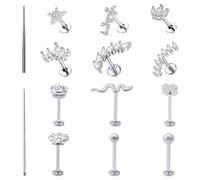 MLPKOI 12 Pezzi Helix Piercing Trago per Donna & 2Pcs Taper Diritto, Labret Piercing Labbro Orecchini, Orecchino Helix, Gioielli Argento