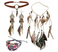 MLPKOI 4Pcs Boho Indiano Set, con Copricapo, Orecchini Piume, Collana Girocollo, Braccialetto, Accessori Indiana Donna, Vintage Hippie Gioielli Rétro Bohémien Set per la Festa in Maschera Carnevale