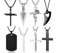 MLPKOI 8 Pezzi Collana Uomo, Argento Nero Collana Croce Collane con Ciondolo da Uomo in Acciaio Inossidabile Gioielli Regali per Uomini e Ragazzi